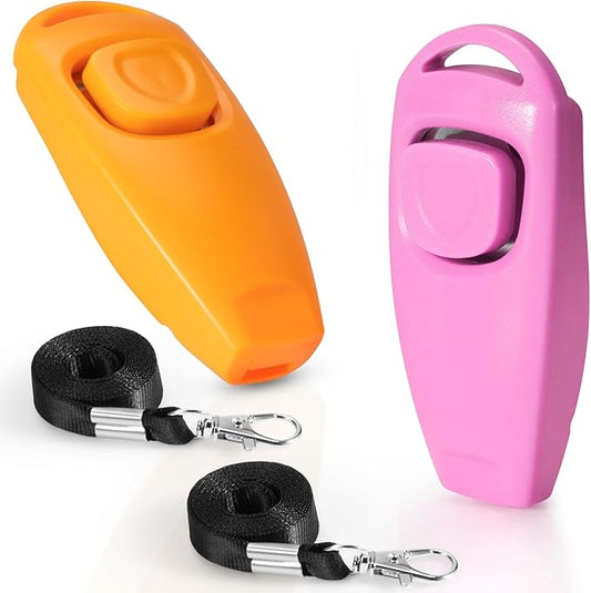 2-in-1 Dog Training Clicker Whistle for Training and Recall, Training Accessories for Puppy, Cats, Horses & Small Animals - 2 Pack with Lanyard, Reward Your Pets Efficiently(Pink + Orange)-PawvioPets
