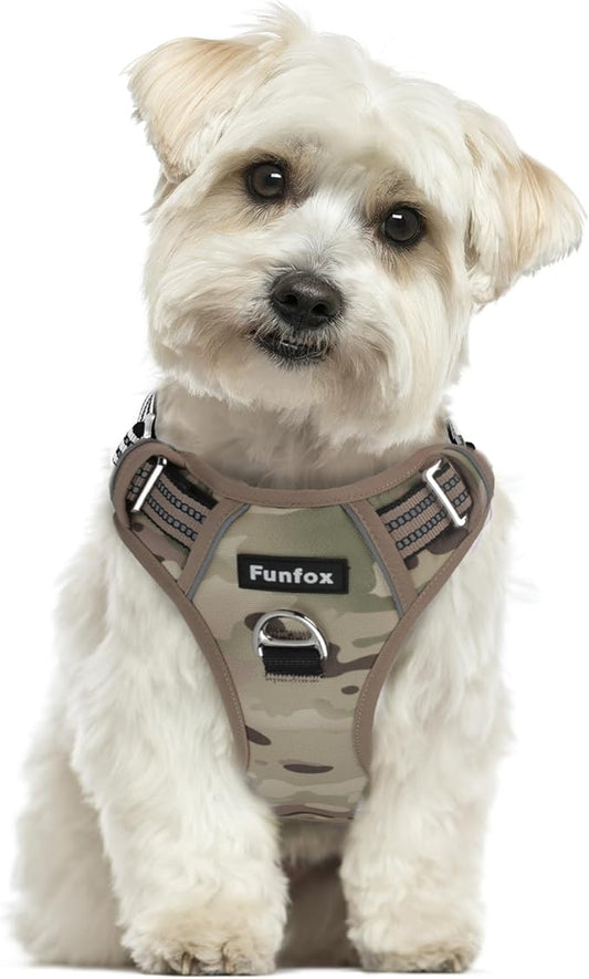 Funfox Dog Harness No Pull, Adjustable Pet Vest Harness, Super Soft Material with Vertical Handle Easy Control, Reflective Night Walking, 2 Leash Clips for Small Sized Dogs, Camo Brown, S-PawvioPets