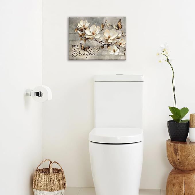 Floral Magnolia Bathroom Pictures Wall Art, Just Breathe Bathroom Wall Decor, Flower Butterfly Framed Painting Canvas Artwork for Bedroom Living Room Decorations 16"L x 12"W-PawvioPets