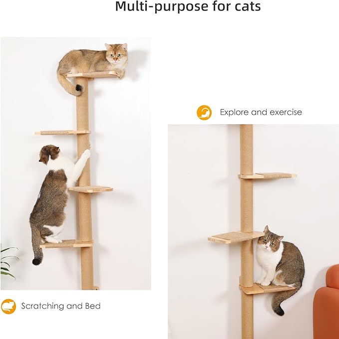 5 Tier Floor to Ceiling Cat Tree Tower with Wall-Mounted Scratching Post, Playful Wall Climbing Shelves for Cats, Ideal for Kittens to Climb, Scratch, and Lookout, Wild Simulation Design-PawvioPets