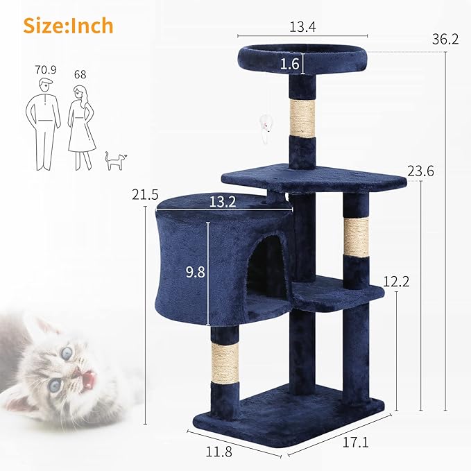 BestPet Cat Tree 36 inch Tall Scratching Toy Activity Centre Cat Tower Cat Condo Multi-Level Furniture Scratching Posts for Indoor Cats,Navy Blue-PawvioPets