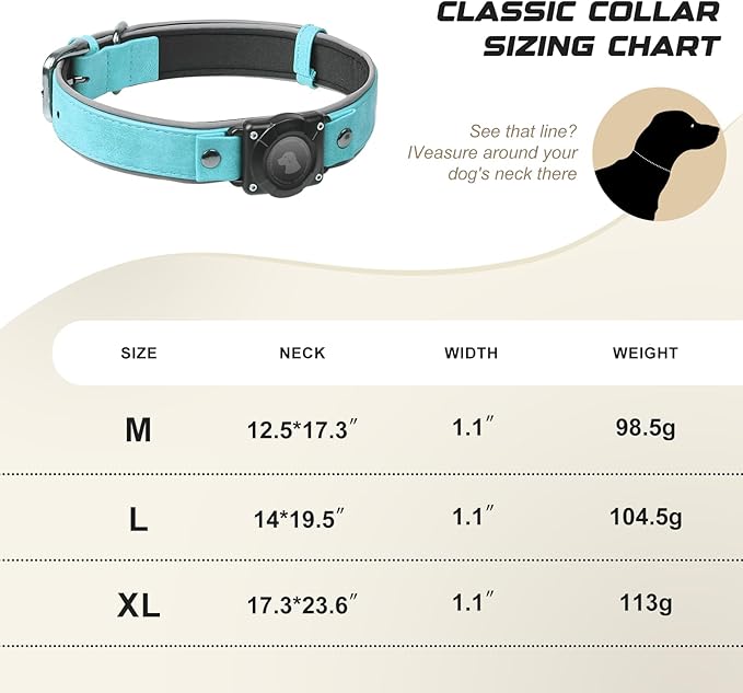 AirTag Dog Collar - Leather Dog Collar with Air Tag Holder | IPX8 Waterproof, Reflective, High - End, Adjustable Soft Padded | Dog GPS Tracker Collars Fit for Medium Large Dogs (Light Blue, L)-PawvioPets