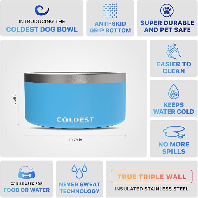 Coldest Dog Bowl - Anti Rust Metal, Non Slip, 3 Layers Insulated Stainless Steel Dog Bowls - Spill Proof & Heavy Duty - Water Bowl for Dogs, Cats & Pets, Dish Washer Safe (200 oz, Celestial Blue)-PawvioPets
