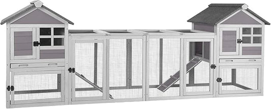 Aivituvin Rabbit Hutch Indoor Bunny Cage Outdoor with Run Chicken Coop Guinea Pig House with Waterproof Asphalt Roof,No Leakage Pull Out Tray (103.2" L x 25.2" W x 36.2" H, Grey-2 Sets)-PawvioPets