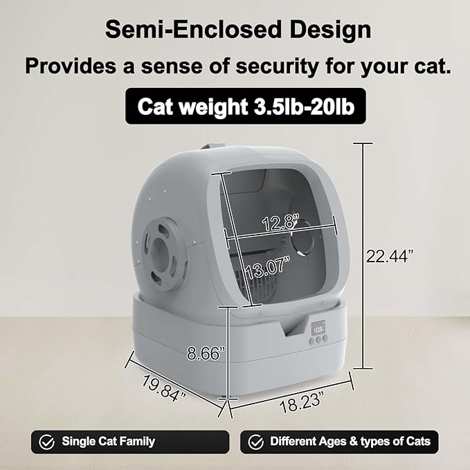 Automatic Self-Cleaning Cat Litter Box with APP-Controlled, Weight Tracking – 86L Ultra-Quiet, Smart Health Monitor, and Safe Anti-Pinch Design (Assembly Required) -Light Grey-PawvioPets