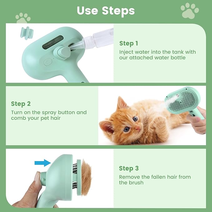 3 in 1 Cat Steam Brush, Pet Spray Hair Removal Comb for Shedding & Grooming, Water Brush for Cats Dogs Small Animals Long Short Haired with One-Click Release Button(Green)-PawvioPets