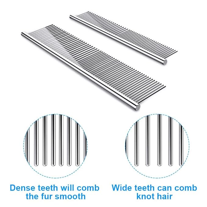 2 Pack Dog Combs with Rounded Ends Stainless Steel Teeth, Cat Comb for Removing Tangles and Knots, Professional Grooming Tool for Long and Short Haired Dog, Cat and other pets, 6.3IN/7.4IN-PawvioPets