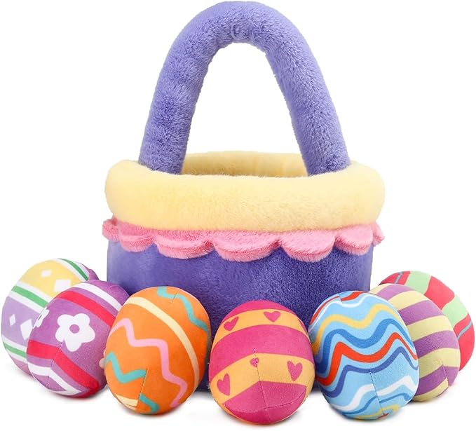 8 Piece Plush Stuffed Playset Toys with 7 Eggs, 1 Furry Bag, Soft Basket Set Sensory Toys for Girls Kids Ages 3+, Birthday Christmas Valentines Easter Party Favors Gifts-PawvioPets