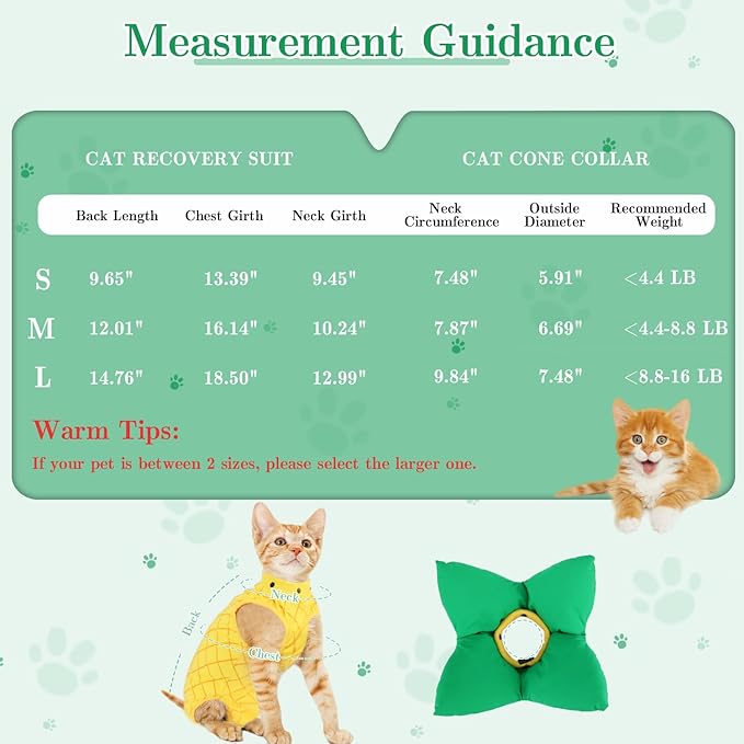 EMUST 2PCS Cat Recovery Suit & Cat Cone Collar Female, Soft & Adjustable Dog Surgery Suit Female Spay for Abdominal Wounds, Cotton Cone for Cats to Stop Licking for Small Female Pets 8-16lb, Yellow, L-PawvioPets