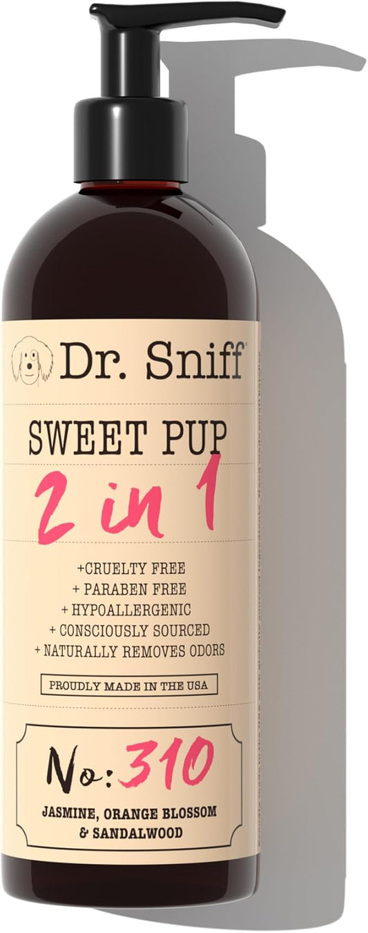 Dr. Sniff 2-in-1 Pet Shampoo & Conditioner, Ultimate Grooming Treatment for Dog & Cat Hair, Freshens Scent, Made in The USA, Sweet Pup Scent, 16 Oz-PawvioPets