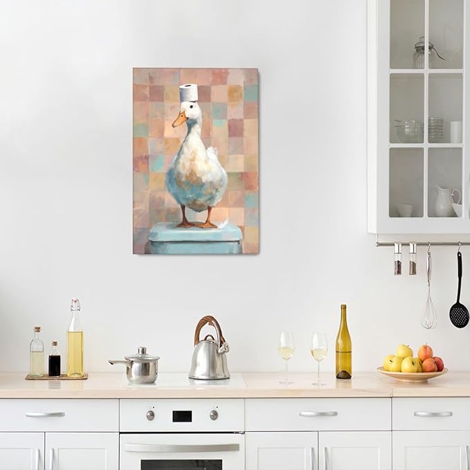 Funny Duck Bathroom Wall Art Cute Duck on Toilet Canvas Wall Decor Funny Quirky Farm Animal Pictures Painting Print Framed Artwork Decorations Gifts for Bathroom 16"x24"-PawvioPets