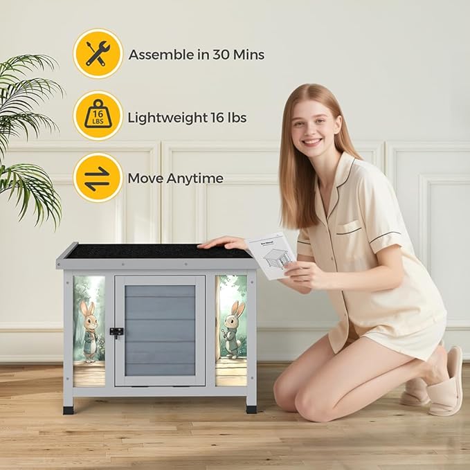 COZIWOW 24in Wooden Cat House Outdoor & Indoor Pet Shelter with Foldable Ramp - Weatherproof Rabbit Hutch with Unique Machine-Printed Art Designs for Cat, Rabbit, Guinea Pig (Grey)-PawvioPets