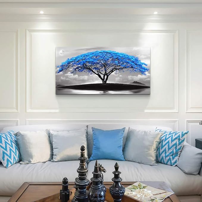 canvas wall art for living room bathroom Wall Decor Black and white landscape Blue tree moon painting to Hang Home Decorations for office bedroom kitchen Works canvas Prints pictures 24" x 48"inch-PawvioPets