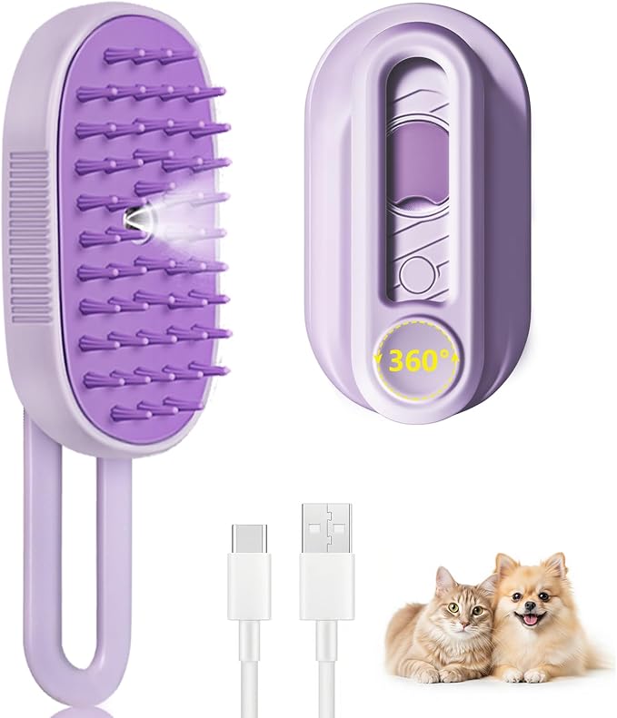 3-in-1 Cat Steam Brush, Rechargeable Cat Brush with Steam, Spritz Defur Comb for Dogs, Spritz Defur Comb for Cats (Purple)-PawvioPets