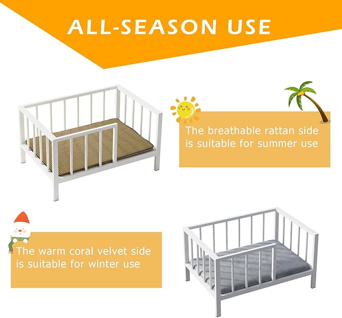 Dog Bed with Rails - Elevated Pet Metal Bed Frame with Solid Wood Board and Washable Soft Mat for Small Dog Indoor or Outdoor Use, 21.3" x 30 ", White-PawvioPets