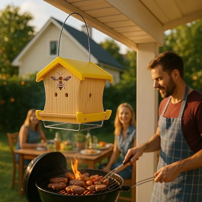 Carpenter Bee House for Outside, Wood Beetrap for Outdoors Insect House Hotel for Garden Stainless Cable Bee Box Without Bottle 2025 New Heavy Duty-PawvioPets