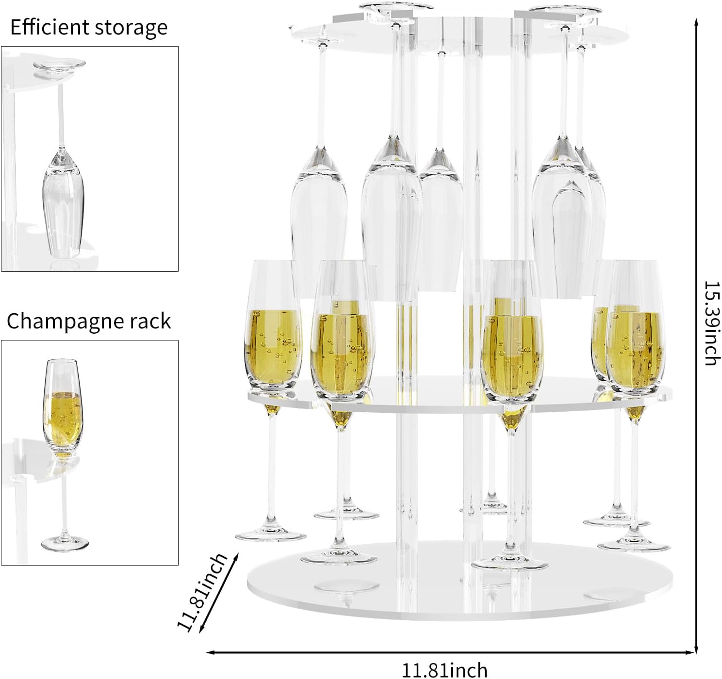 Champagne Tower, Circle Acrylic Champagne Display Rack Stand with 12 Slots, 2 Tiers Floating Sight Champagne Flute Holder for Party, Wedding, School, Celebration, 11.8x11.8x15.4 inch, 2 Pcs