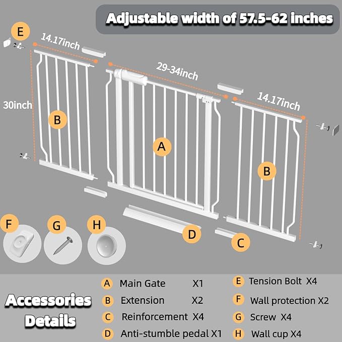 57.5"-62" Extra Wide Auto Closing Baby Safety Gate for Stairs & Doorways, Pressure Mounted No Drill Pet Gate with Walk-Through Door - Heavy Duty Childproof Gate for Toddlers, Kids, Dogs (White)-PawvioPets