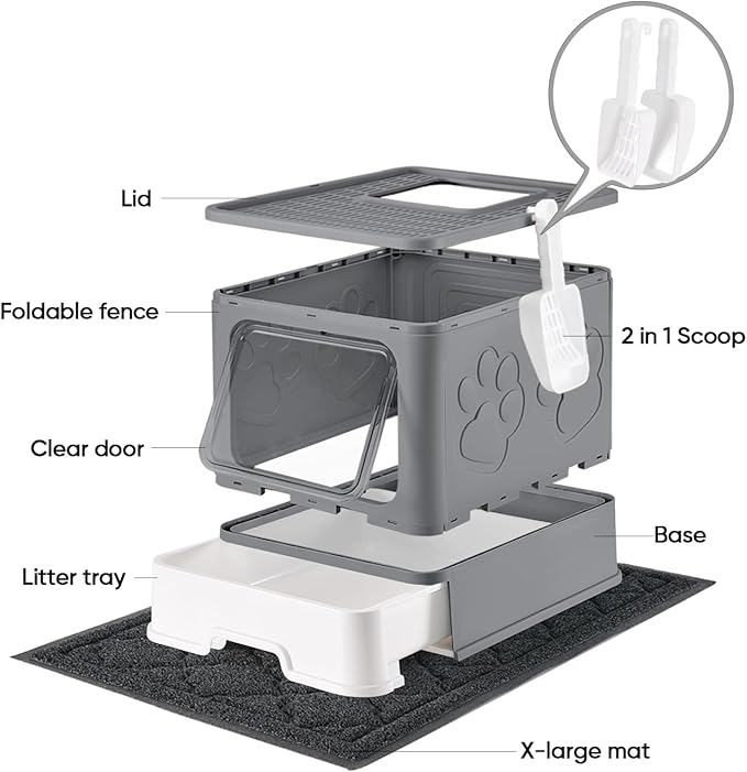 Cat Litter Box with X-Large Litter Mat and Scoop, Large Foldable Litter Box with Lid, Enclosed Kitty Box,Front Top Entry Exit, Odor Control Easy to Clean (Upgrade Dark Grey)-PawvioPets