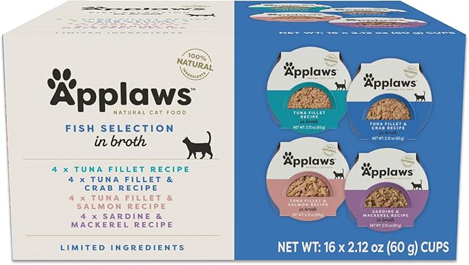 Applaws Natural Wet Cat Food, Limited Ingredient, Grain-Free, Protein with No Artificial Additives, Variety Fish Selection in Broth (16 x 2.12 oz Easy-Open Cups)-PawvioPets