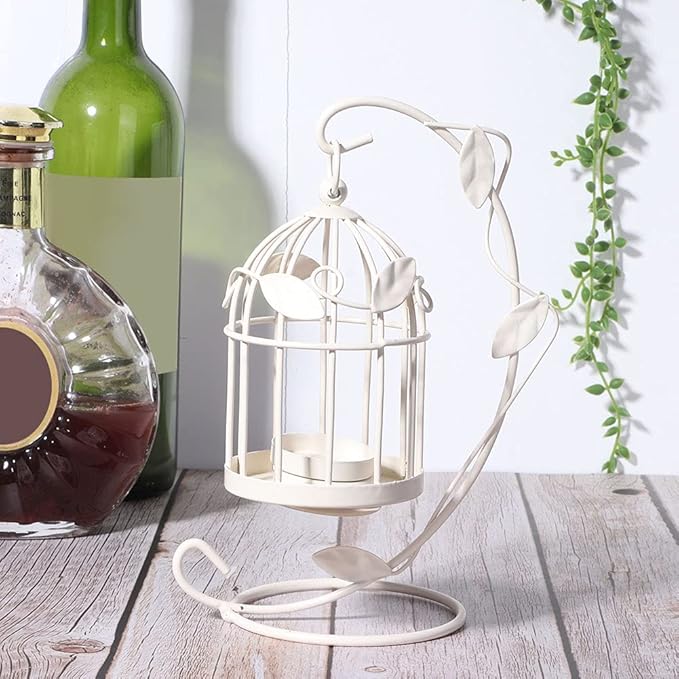 Birdcage Candle Holder, Hanging Candle Holder Decorative Bird Cages Bird Cage Decor Vintage Metal Candlestick for Wedding, Party(White)-PawvioPets