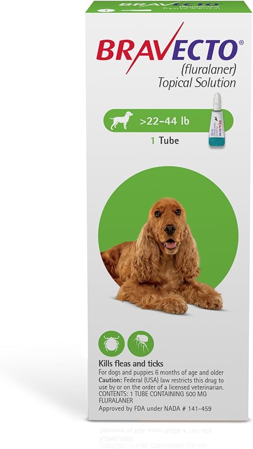 BRAVECTO Topical Solution for Dogs, Flea & Tick, 12 Week Supply, >22-44 lbs., Green Box-PawvioPets