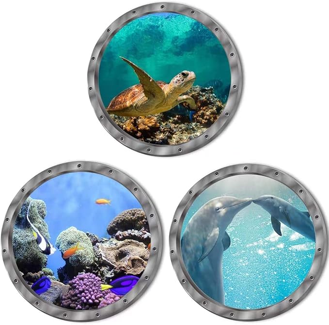 9PCS Ocean Animals World Under Sea Decor Sea Turtles Dolphins Fishes Sharks Coral Removable 3D Peel and Stick Vinyl Stickers-PawvioPets