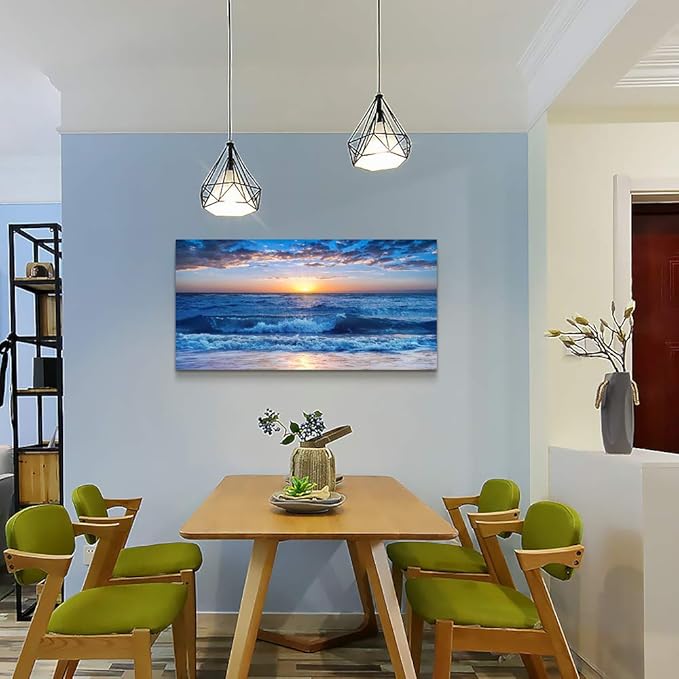 Canvas wall art for living room Blue Ocean Sea sun landscape painting bathroom Wall Decor Ready to Hang for Home Decorations office family bedroom kitchen Works canvas Prints pictures 30" x 60"inch-PawvioPets