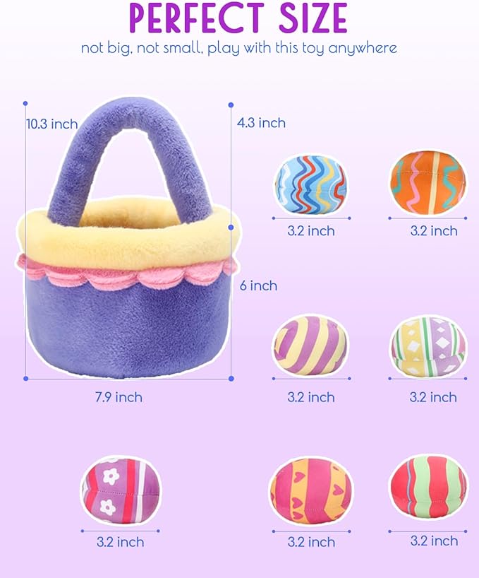 8 Piece Plush Stuffed Playset Toys with 7 Eggs, 1 Furry Bag, Soft Basket Set Sensory Toys for Girls Kids Ages 3+, Birthday Christmas Valentines Easter Party Favors Gifts-PawvioPets