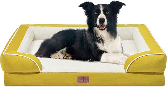 Comfort Expression Waterproof Dog Beds Large Sized Dogs, Large Dog Beds Orthopedic Foam, Comfy Pet Bed Sofa with Washable Removable Cover & Non-Slip Bottom(Spicy Mustard)-PawvioPets