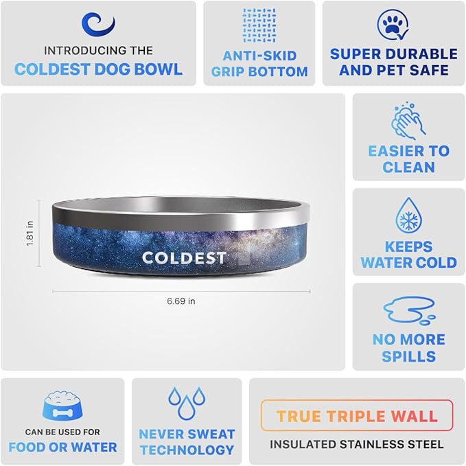 Coldest Dog Bowl - Anti Rust Metal, Non Slip, 3 Layers Insulated Stainless Steel Dog Bowls - Spill Proof & Heavy Duty - Water Bowl for Dogs, Cats & Pets, Dish Washer Safe (21 oz, Into The Beyond)-PawvioPets