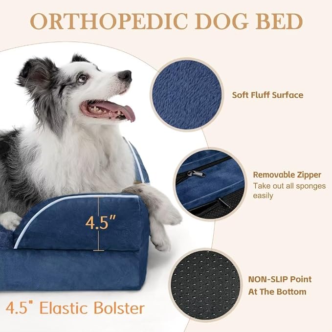 Comfort Expression Large Dog Beds, Waterproof Dog Beds Orthopedic Foam, Dogs Sofa Comfy Pet Beds with Washable Removable Cover & Non-Slip Bottom(Large,Navy Blue)-PawvioPets