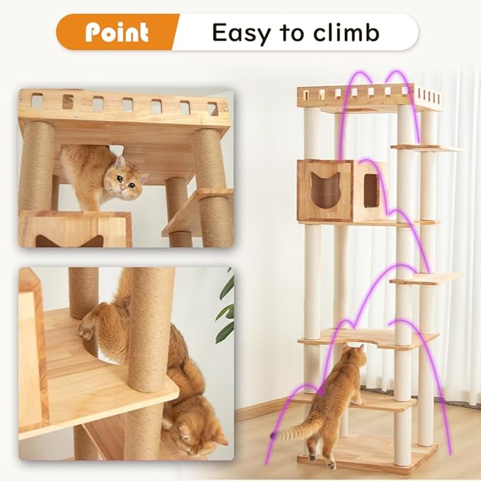 74" Wooden Cat Tree Tower for Large Cats, Multi-Level Cat Climbing Furniture with Scratching Posts, Cat Condo & Hammock, Natural Wood Cat Activity Center (White)-PawvioPets