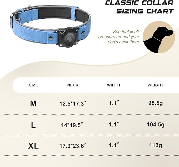 AirTag Dog Collar - Leather Dog Collar with Air Tag Holder | IPX8 Waterproof, Reflective, High - End, Adjustable Soft Padded | Dog GPS Tracker Collars Fit for Medium Large Dogs (Blue, M)-PawvioPets