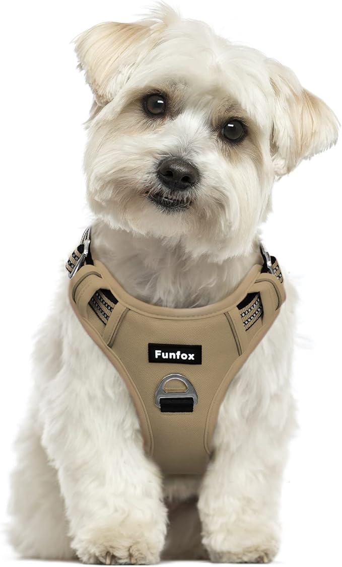 Funfox Dog Harness No Pull, Adjustable Pet Vest Harness, Super Soft Material with Vertical Handle Easy Control, Reflective Night Walking, 2 Leash Clips for Small Sized Dogs, Brown, S-PawvioPets