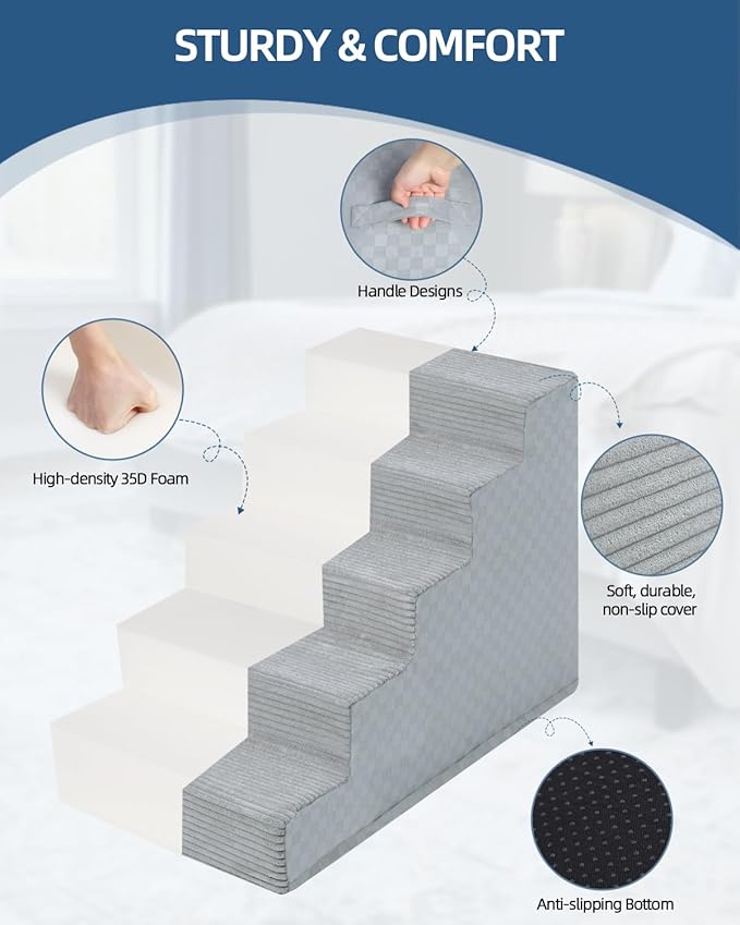 Dog Stairs for Small Dogs,13" H,3-Step Dog Steps for Bed and Couch with High Density Foam,Non-Slip Pet Steps for Doggy and Cat,Pet Stairs with a Washable Cover,Grey-PawvioPets