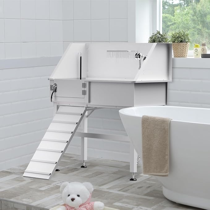 Dog Washing Station for Home, 38" White Professional Stainless Steel Dog Grooming Tub, Height Adjustable Dog Bathing Station, Upgrade Parts, Dog Bath Tubs for Small & Medium Dogs(Left Ramp)-PawvioPets
