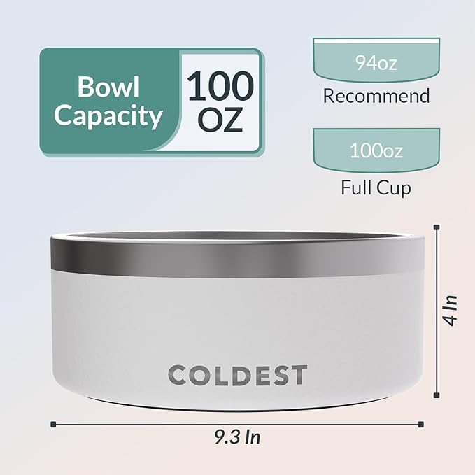 Coldest Dog Bowl - Anti Rust Metal, Non Slip, 3 Layers Insulated Stainless Steel Dog Bowls - Spill Proof & Heavy Duty - Water Bowl for Dogs, Cats & Pets, Dish Washer Safe (100 oz, Epic White)-PawvioPets