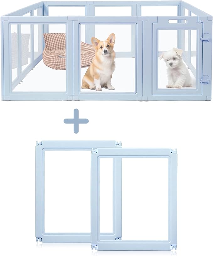 DIY Clear Acrylic Dog Playpen House,Quick Easy Assembly and Disassembly,Strong Floor Suction,Indoor and Outdoor Use,Easy Cleansing Puppy Fence (Sky Blue, 23.6" H, 2PCS)-PawvioPets