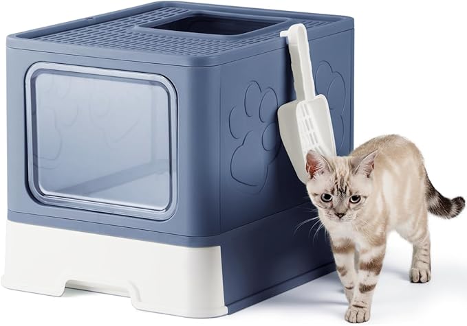 Enclosed Cat Litter Box, Large Litter Box for Big Cats, Covered Kitty Litter Boxes with Lid, Top Entry Cat Box Enclosure with Scoop, Odor Control, Easy to Clean(Blue)-PawvioPets