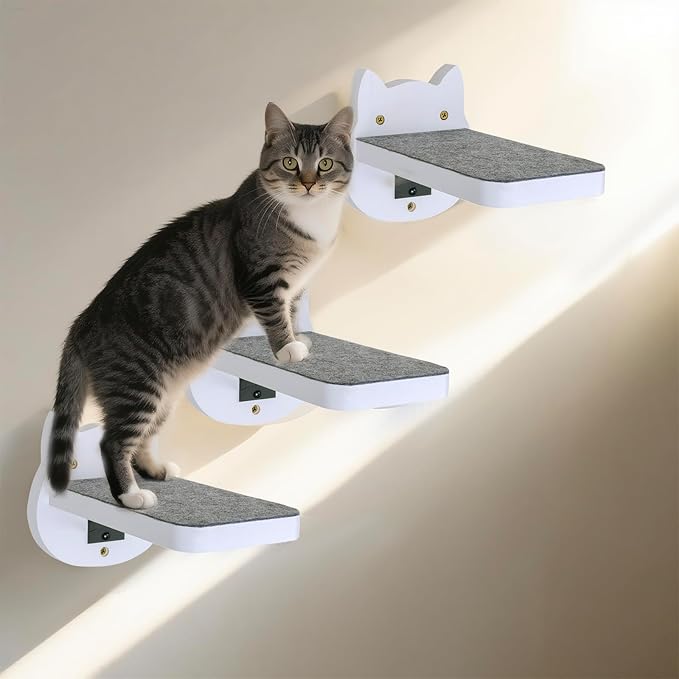 ESPETS White Painted Wooden Cat Wall Floating Steps Set of 3 - Wall Mounted Cat Floating Furniture Shelves and Perches, Sturdy Climber Stairs Ladders - Holds up 30lbs-PawvioPets