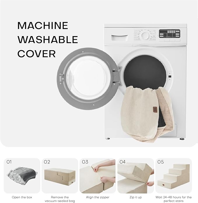 Dog Stairs for High Bed, Dog Steps for Bed Couch Sofa, 35D Foam Extra Wide Pet Steps for Small Dogs and Cats, Pet Stairs with Non-Slip Bottom Beige, 5 Steps-PawvioPets