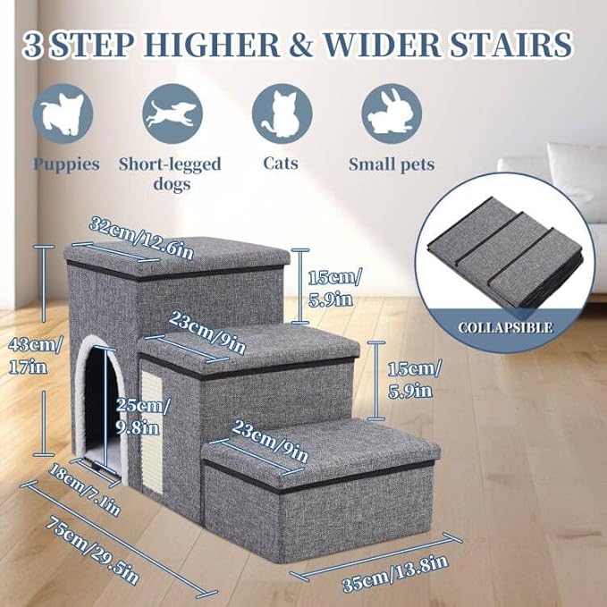 Dog Stairs for High Bed and Couch, 4 IN 1 Foldable Pet Stairs for Cats & Small and Medium Dogs, Adjustable Dog Steps with Pet Climbing Ladders/Cozy Condo/Storage Boxes/Cat Scratcher, Hold Up to 180LBS-PawvioPets