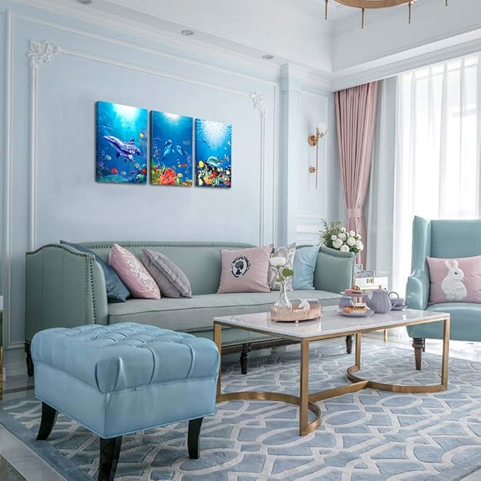blue ocean fish 3 Pieces Framed Wall Art for Living Room Bathroom Wall Decoration Canvas Print Children's Bedroom Wall decor Office Kitchen Home Decoration Underwater World Watercolor Painting-PawvioPets