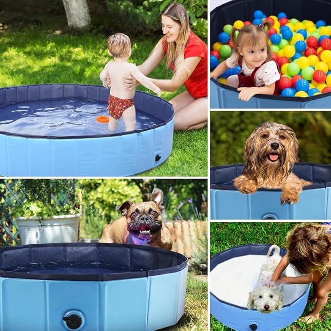 Foldable Dog Bath Swimming Pool Plastic Kiddie Pool Professional Tub Collapsible Grooming Bathtub for Pets Kids Baby and Toddler, 71 x 12 Inches Blue-PawvioPets