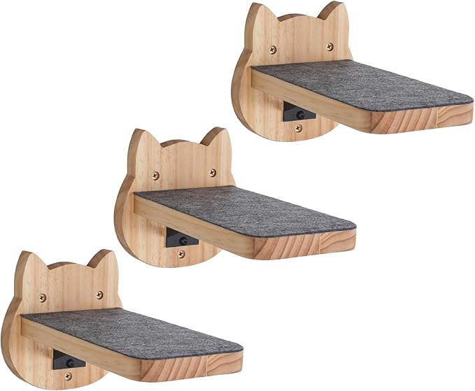 ESPETS Natural Solid Wood Cat Wall Floating Steps Set of 3 - Wall Mounted Wooden Cat Climbing Shelves and Perches, Kittty Stairs Ladder - Easy Install, Holds up 30lbs-PawvioPets