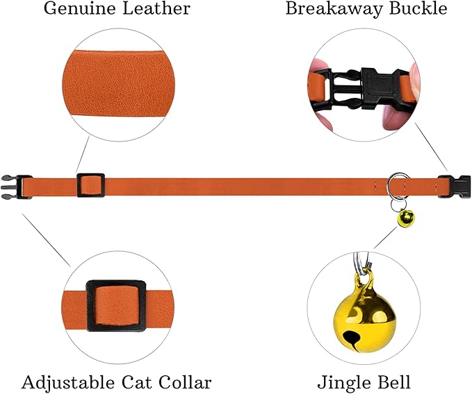 Breakaway Cat Collar Leather with Removable Bell - 13 Colors Available - Soft Adjustable Girl Boy Safety Lightweight Pet Kitten Collars Pink Brown Blue Green Red Orange Black (Orange)-PawvioPets