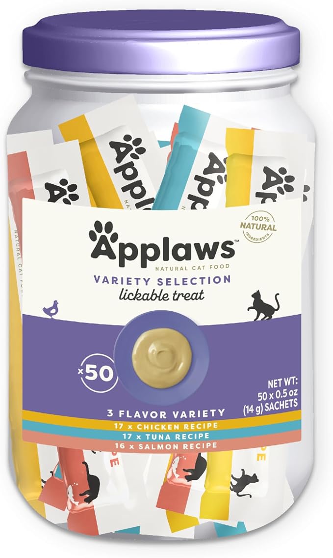 Applaws Lickable Cat Treats, Natural Grain-Free Purée, Limited Ingredient Variety Pack with Chicken, Tuna & Salmon Squeeze Up Treats (50 x 0.5oz Sachet Tub)-PawvioPets