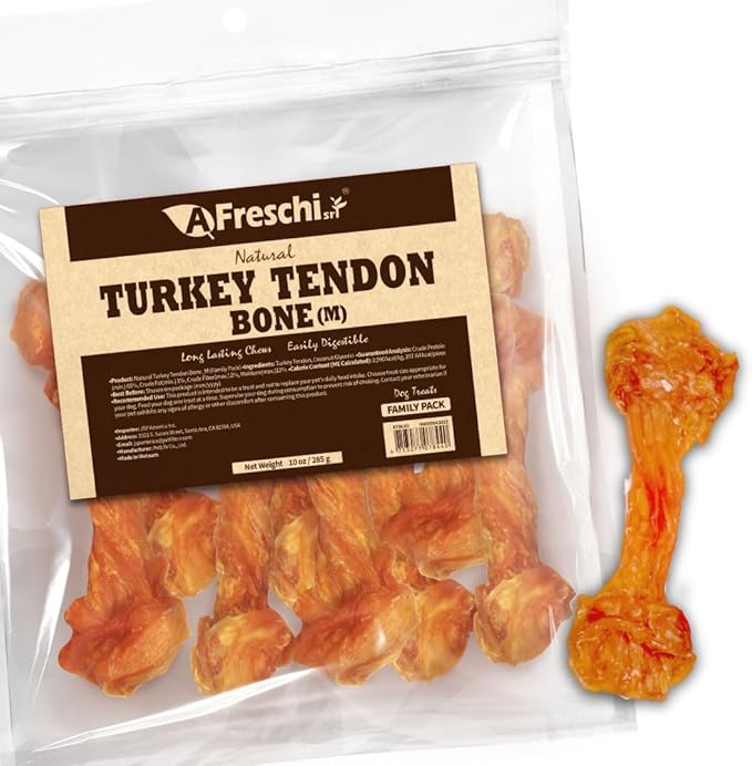 Afreschi Natural Turkey Tendon Bone (M) 10 oz, USA-Sourced Turkey Tendon, All Natural Puppy Chew, Hypoallergenic, Rawhide Alternative, for Medium Breeds-PawvioPets