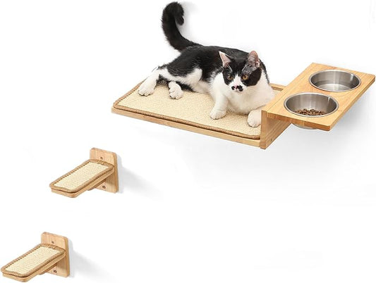 FUKUMARU Cat Wall Shelves, 3 In 1 Cats Walls Furniture Set, Food Station with 2 Steps , Solid Rubber Wood Perch, Suitable for Kitten Play, Nap, Eat, DIY Wall Jungle Gym-PawvioPets